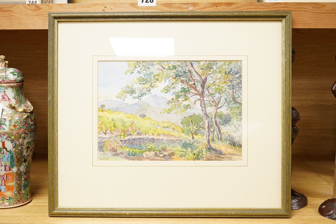 Jean Vassal (1902-1986), Trees beside a pond in a landscape, studio lamp lower left, watercolour, 17 x 24cm